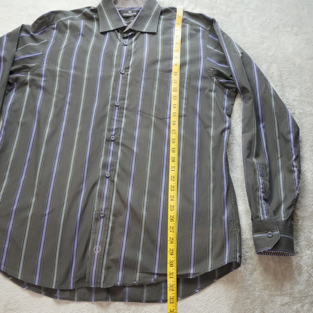 Bugatchi Uomo Men's Large Black Purple Striped Button Up Shirt Cotton - Picture 10 of 13